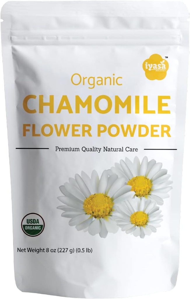 Iyasa Holistics Organic Chamomile Flower Powder, Grado de Alimentos para Hornear, Cocinar, Té, Bebidas de Verano, DIY Skin and Hair Care Products, Natural Face Packs, Face Mask 8 oz 223 gm