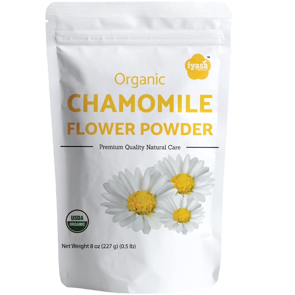 Iyasa Holistics Organic Chamomile Flower Powder, Grado de Alimentos para Hornear, Cocinar, Té, Bebidas de Verano, DIY Skin and Hair Care Products, Natural Face Packs, Face Mask 8 oz 223 gm