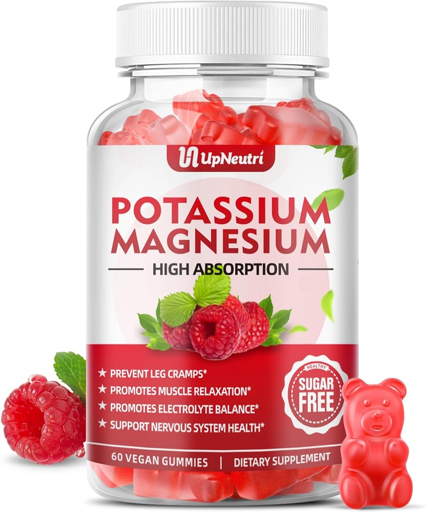 Potasio Magnesio Suplemento Gummies para Adultos Niños, Potasio Libre de Azúcar Gummies Apoyo Leg Cramps &amp; Muscle & Heart Health, Vegan Magnesium Glycinate Gummies Raspberry Flavor 60 Cts