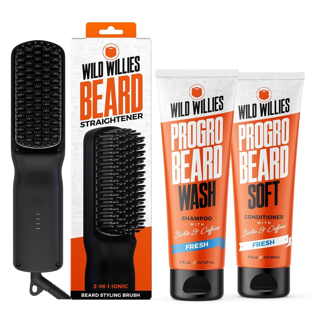 Gatita de baño de barba silvestre - Straightener de barba para hombres, PROGRO - Fortificado con biotina &amp; cafeína para el crecimiento del cabello, lavado, hidratación - Cepillo de laboratorio caliente de 2 en 1 ónico, hecho en EE.UU.