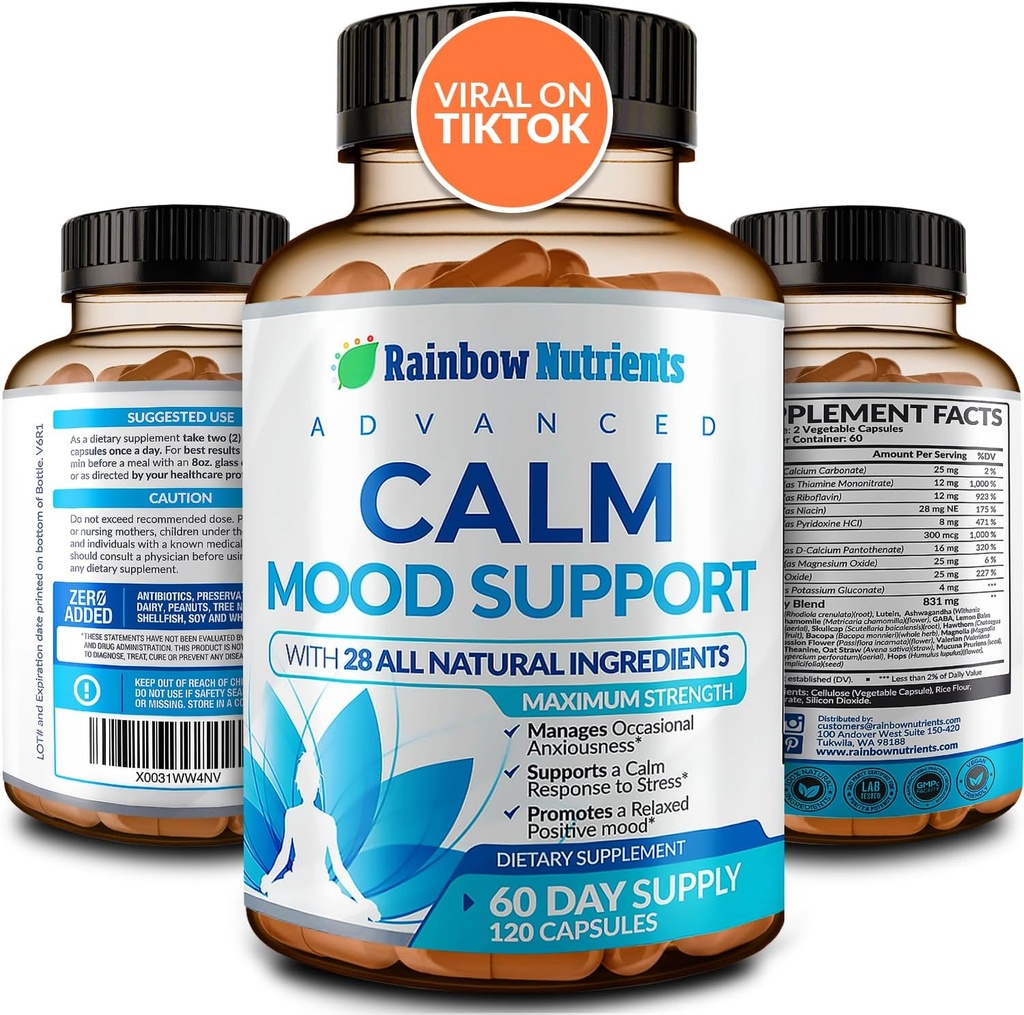 28 en 1 Calma Mood Support Suplemento- Natural Happy Pills for Occasional Anxiousness & Stress, Worry feeling, Relaxation, Mental Clarity ← Max Sleep &amp; Mood Support for Women &amp; Men sometida120 Vegan Capsules