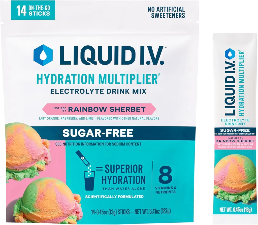 Liquid I.V.® Hydration Multiplier Sugar-Free - Rainbow Sherbet | Electrolyte Powder Drink Mix | 1 Pack (14 Servings)