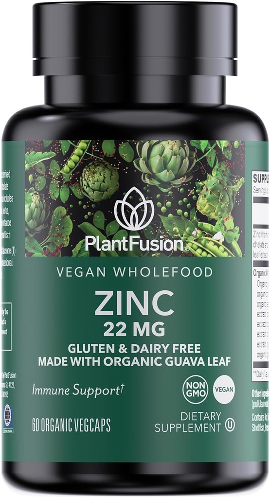 PlantFusion Vegan Zinc Suplementos 22 mg - Complejo entero de alimentos, Citrato de zinc Chelated de la hoja de Guava orgánica para soporte de inmuno, 60 cápsulas