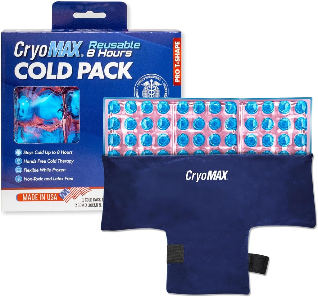 CryoMAX Reusable Cold Pack - 8-Hour Long-Lasting Cold Therapy Ice Pack, Ajustable Wearable Compress Straps, Best for Pain Relief, Injuries, Hip Surgery Swelling, and Migraines - T-Shape (1 Count)