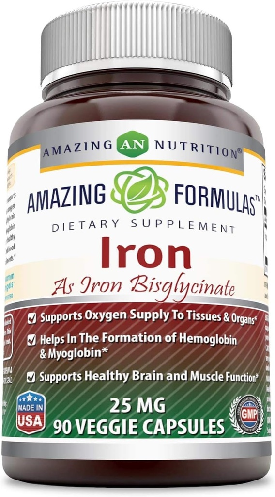 Fórmulas asombrosas Hierro como Iron Bisglycinate 25 Mg Veggie Capsules (No-GMO,Gluten Free) - Apoya el suministro de oxígeno a Tissues & Organs-Helps in The Formation of Hemoglobin ventajaMyoglobin.(90 Veggie Capsules)