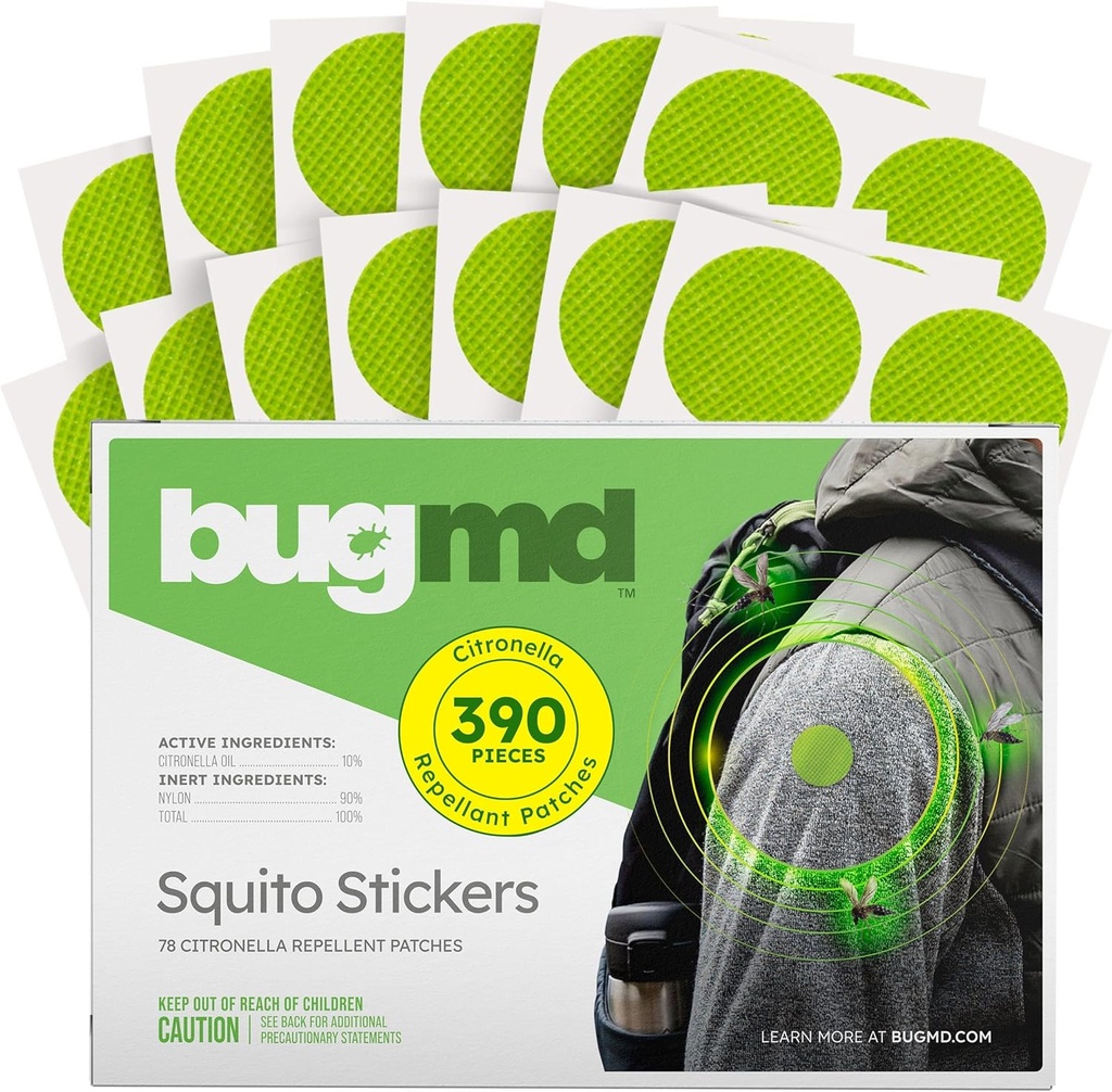 Pegatinas BugMD Squito Mosquito Repellent Patch Pegatinas para Adultos (390 Patches), Patches repelentes de insectos seguros y eficaces para niños pequeños, Niños, Camping, Playa &amp; Esenciales al aire libre
