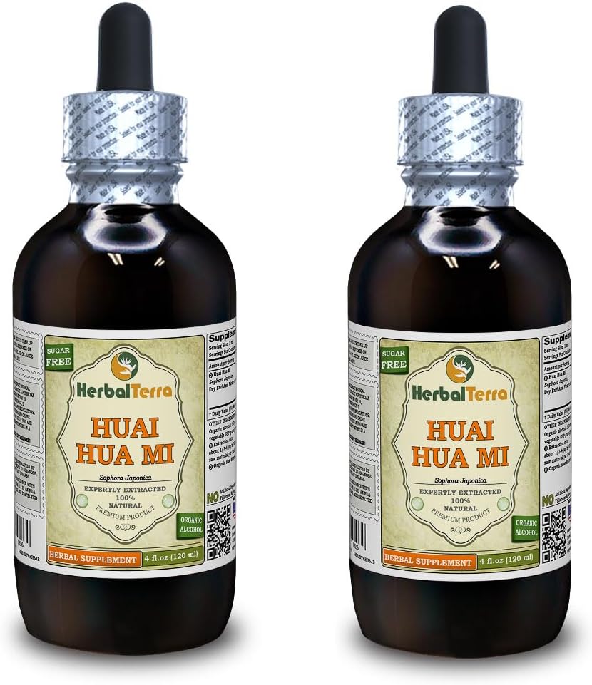 Huai Hua Mi (Sophora Japonica) Tintura, Orgánica Flor seca Buds Extracto líquido (Marca: HerbalTerra, Proudly made in USA) 2x4 fl.oz (2x120 ml)