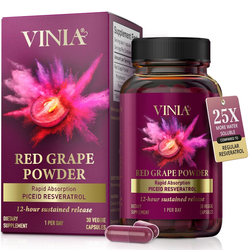 VINIA Piceid Resveratrol Supplement Capsules. Increases Blood Flow and Nitric Oxide. Blood Pressure and Heart Health Support | Antioxidant from Red Grapes | Non-GMO, 30 Count