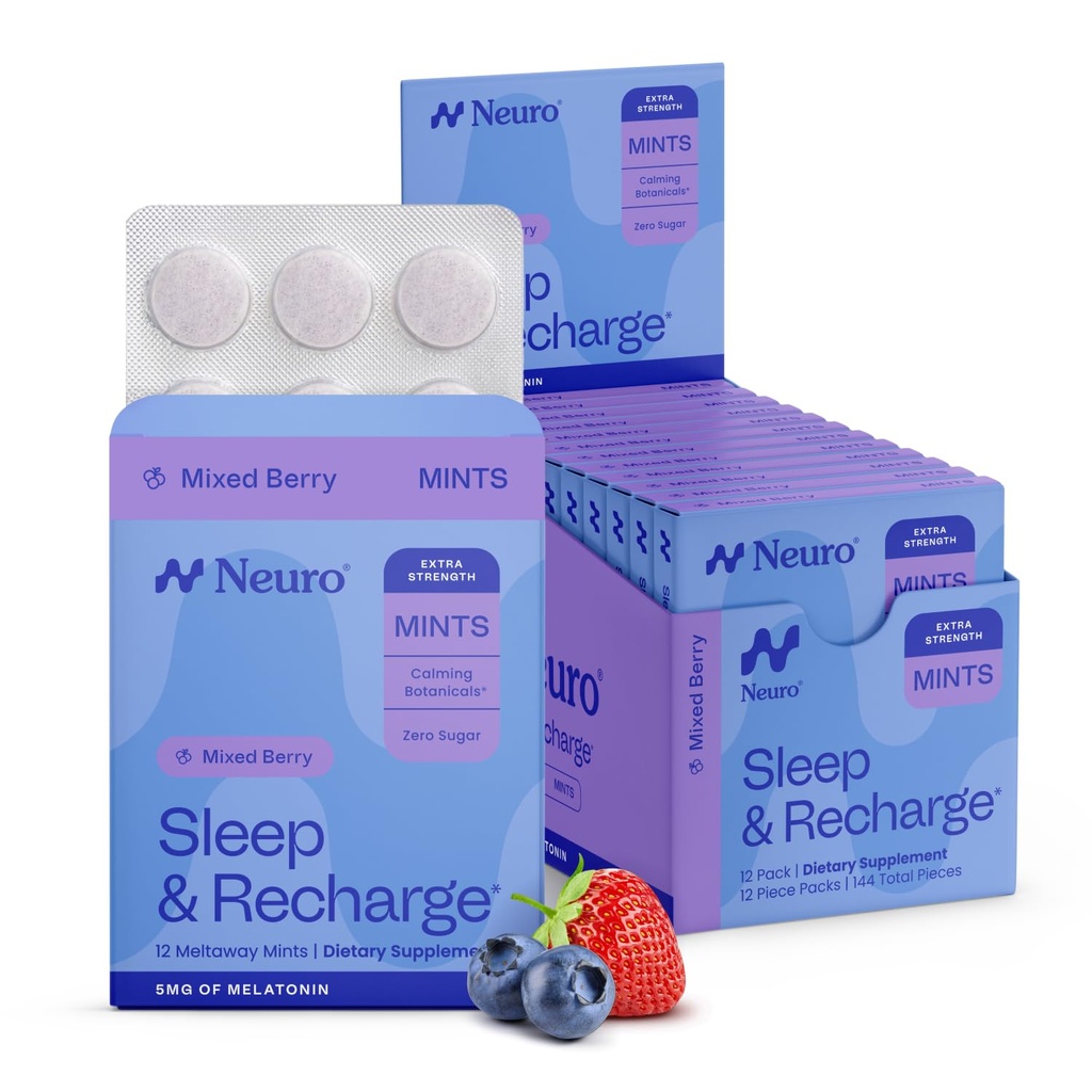 Neuro Melatonina 5 mg Mints para dormir (144 piezas) - Fast Dissolve Melatonin Azúcar Mints gratis con Lemon Balm &amp; Chamomile para dormir mejor - Suplemento para dormir tranquilo para adultos - Night Berry Flavor