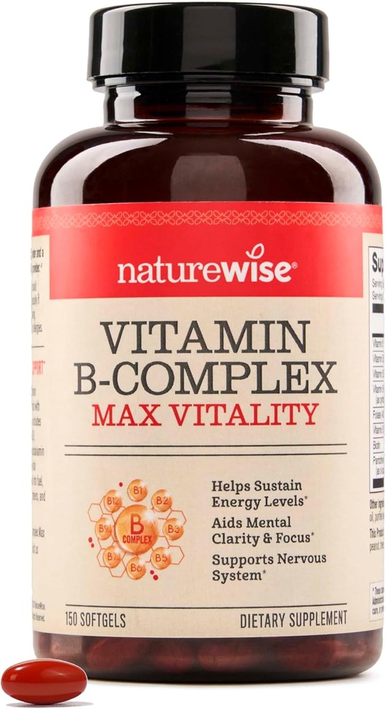 NatureWise Vitamin B Complex for Women and Men - with Folic Acid Biotin B1 B2 B3 B6 B12 - Support Cellular Energy & Mental Clarity - Gluten & Dairy Free, Non-GMO - 150 Softgels[5-Month Supply]