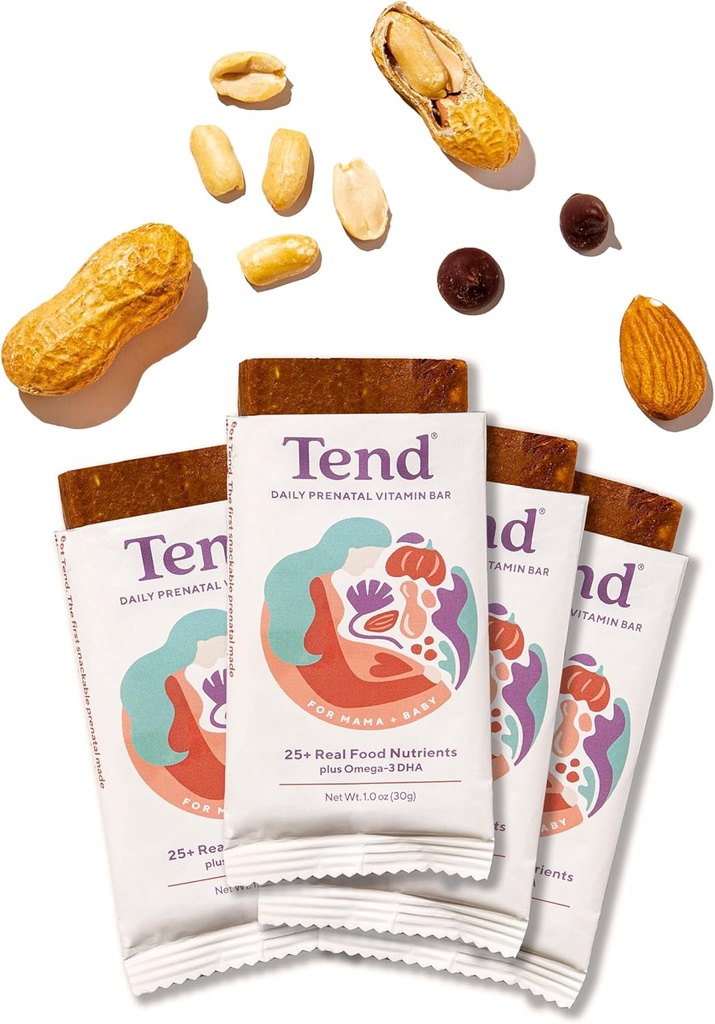 Tend Daily Best Prenatal Vitamin Bar, Made with Organic Ingredients for Pregnant & Postpartum Mothers, Includes DHA, Vitamin D, B, Choline, Folate - Peanut Butter Chocolate (4ct)