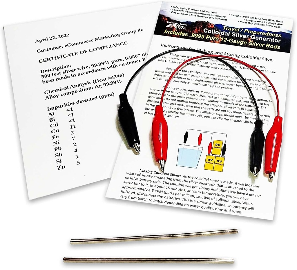 Generador de Plata Colloidal Wire 99.99% Pure 12-Gauge (0.08 in./2.06 mm) Conjunto de (2) Rodes de 4 pulgadas + Generador Mini/Travel - Incluye alambres + Instrucciones completas