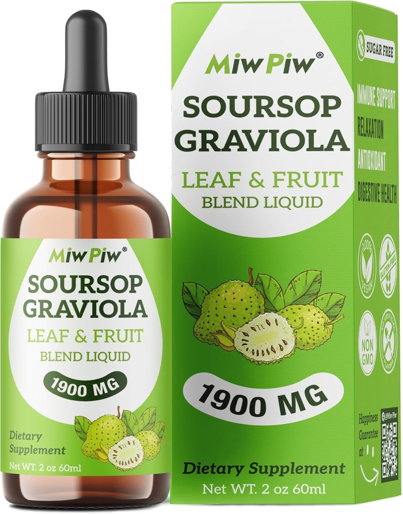 Soursop Graviola Liquid Drops 1900MG 2Fl Oz, Soursop Bitter Leaf Extract Suplementos, Sleep Relax Support and Immune Boost - Sugar Free, Natural Flavor, Herbal Goodness