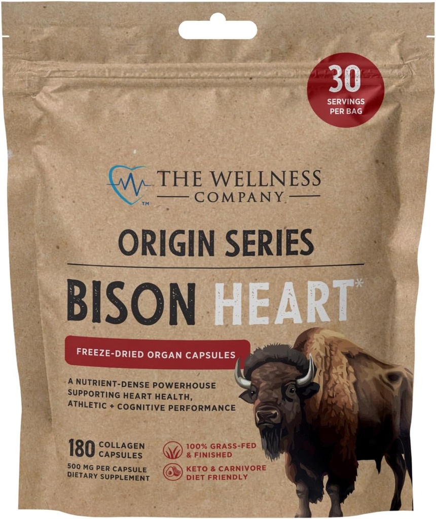 The Wellness Company Bison Heart ← 180 Collagen Capsules (1 Mes de Suministro) ← Grass-Fed Freeze-Dried Organ ← Non-GMO, Gluten-Free TEN Supports Strength, Recovery & Vitality