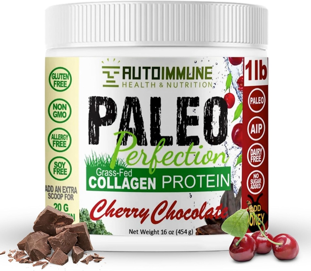 Paleo Perfection Cherry Chocolate Grass Fed Beef Collagen Protein Powder sin Stevia - Paleo, Keto, SCD, AIP Protein Powder w / Apple Fiber, Carrot, Broccoli - 1lb Protein Powder &amp; Superfood Blend