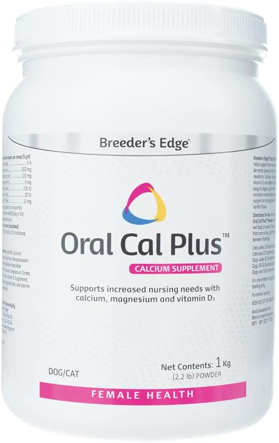 Revival Animal Health Breeder’s Edge Oral Cal Plus Powder, Calcio &amp; Vitamina D3 Suplemento de ayuda para perros y gatos de enfermería, apoya huesos saludables, dientes &amp; lactancia, 1kg
