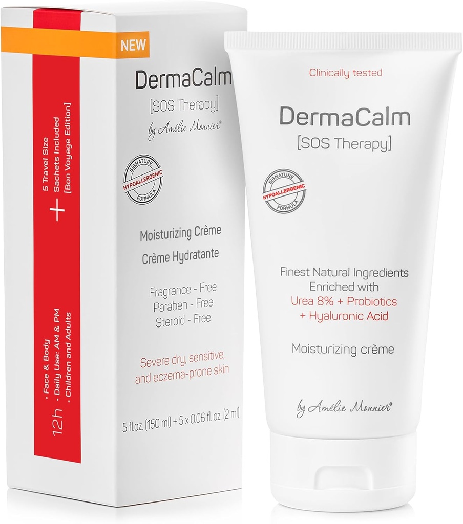DermaCalm SOS de prueba clínica Terapia - Eczema Psoriasis Dermatitis Prone, Piel Seca - Urea 8%, Probióticos w/Best Ingredientes Naturales - Itchy, Severamente Seca, Esquí. Adultos &amp; Niños, Eczema Cream