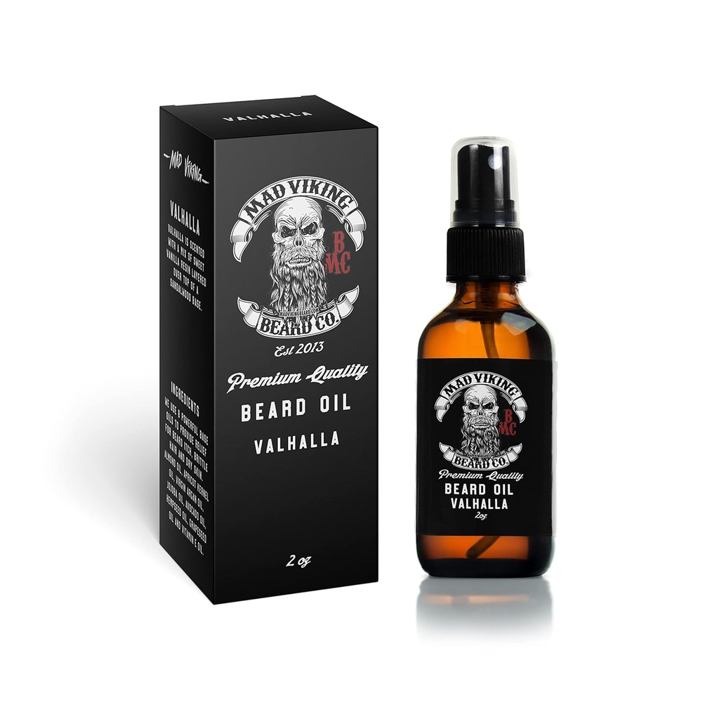 Mad Viking Valhalla Beard Oil - Hydrate, Soften And Grow Your Beard Naturally. Fight Itch And Dandruff With A Smooth Sandalwood & Vanilla Scent, Made In The USA - 2oz