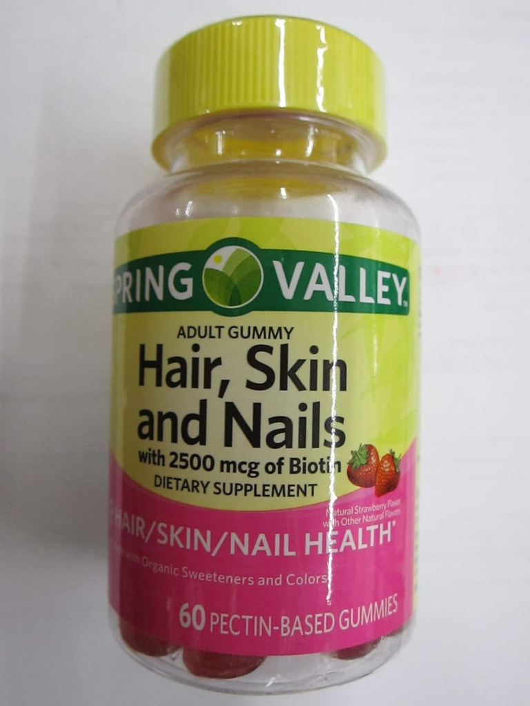 Primavera Valle Adulto Cabello, Esquí, uñas, 2500 mcg Biotina, Fresa, 60 Gummies (Pack of 2)