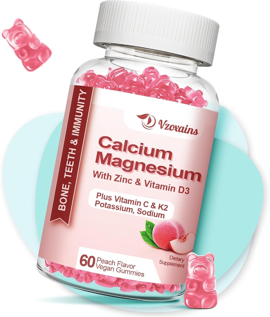 Alta Absorción Calcio Gummies, Azúcar Magnesio Zinc Gummies con vitamina D3 para Hombres y Mujeres, Peach Flavored 60 Cts