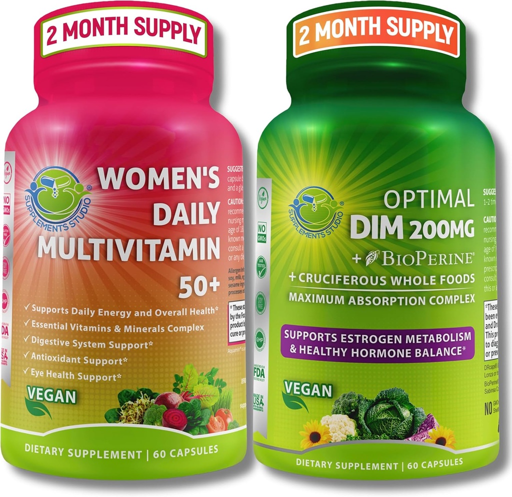 Bundle Vegan para Equilibrio de Hormonas, Energía, Immunity Bundle – Multivitamina diaria de las mujeres 50+ con Blend de Superalimentos Orgánicos + DIM 200mg Suplemento con BioPerine® – Non-GMO, Clean Daily Wellness Support