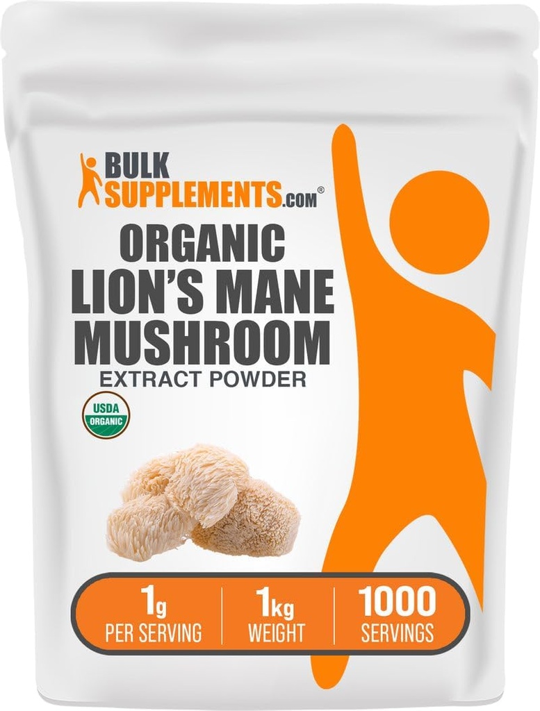 BulkSupplements.com Extract Powder de Mushroom Mane de León Orgánica - Leones Mane Suplemento Polvo, Superfood for Well-Being - Vegan, 1g por Serving, 1kg (2,2 libras) (Pack de 1)