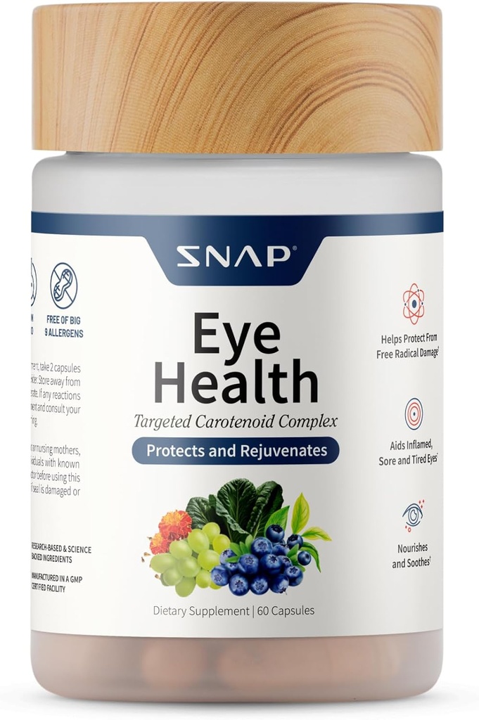 Snap Supplements Eye Health Capsules with Lutein, Zeaxanthin, Bilberry & Lycopene – Supports Vision, Eye Function & General Eye Health – 60 Capsules