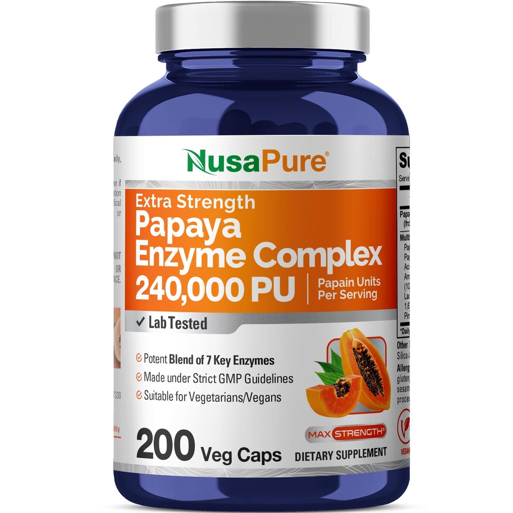 NusaPure Papaya Papain Enzyme Complex 240,000 PU - 200 Veggie Caps - 100% Vegetariano, No GMO