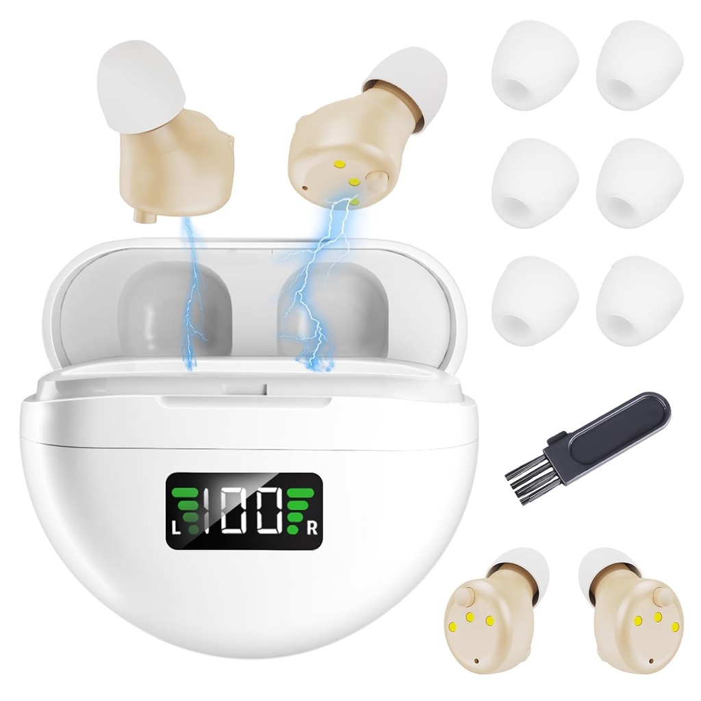 Hearing Aids for Seniors and Adults - Rechargeable Hearing Amplifiers with Noise Canceling Invisible Hearing Aid With Portable Charging Case and Button Volume Control