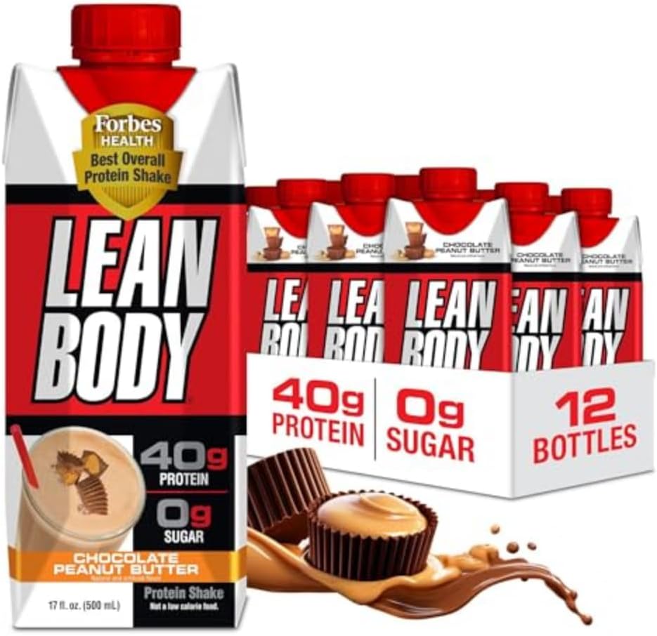 Lean Body Ready-to-Drink Protein Shake, 40g Protein, Whey Blend, 0 Sugar, Gluten Free, 22 Vitaminas &amp; Minerals, (Reciclable Carton & Lid - Pack of 12) LABRADA (Chocolate Peanut Butter)