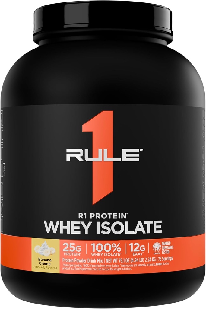 Rule 1 R1 Protein Whey Isolate - with 25g Protein & 6g BCAA Exclusively from Isolated & Hydrolyzed Sources for Workout Recovery (5 Pounds*, Banana Crème)