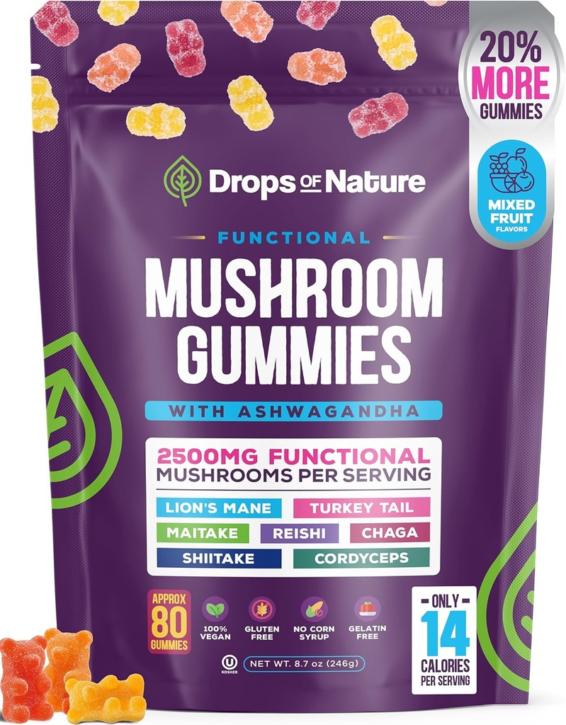 Ashwagandha Gummies y Lions Mane Mushroom Gummies Suplemento - Orgánico - Reishi, Cordyceps, Turquía Tail, Maitake, Shitake, Chaga - Immune Defense, Boosts Cognitive Performance, Vegan, Low Carb