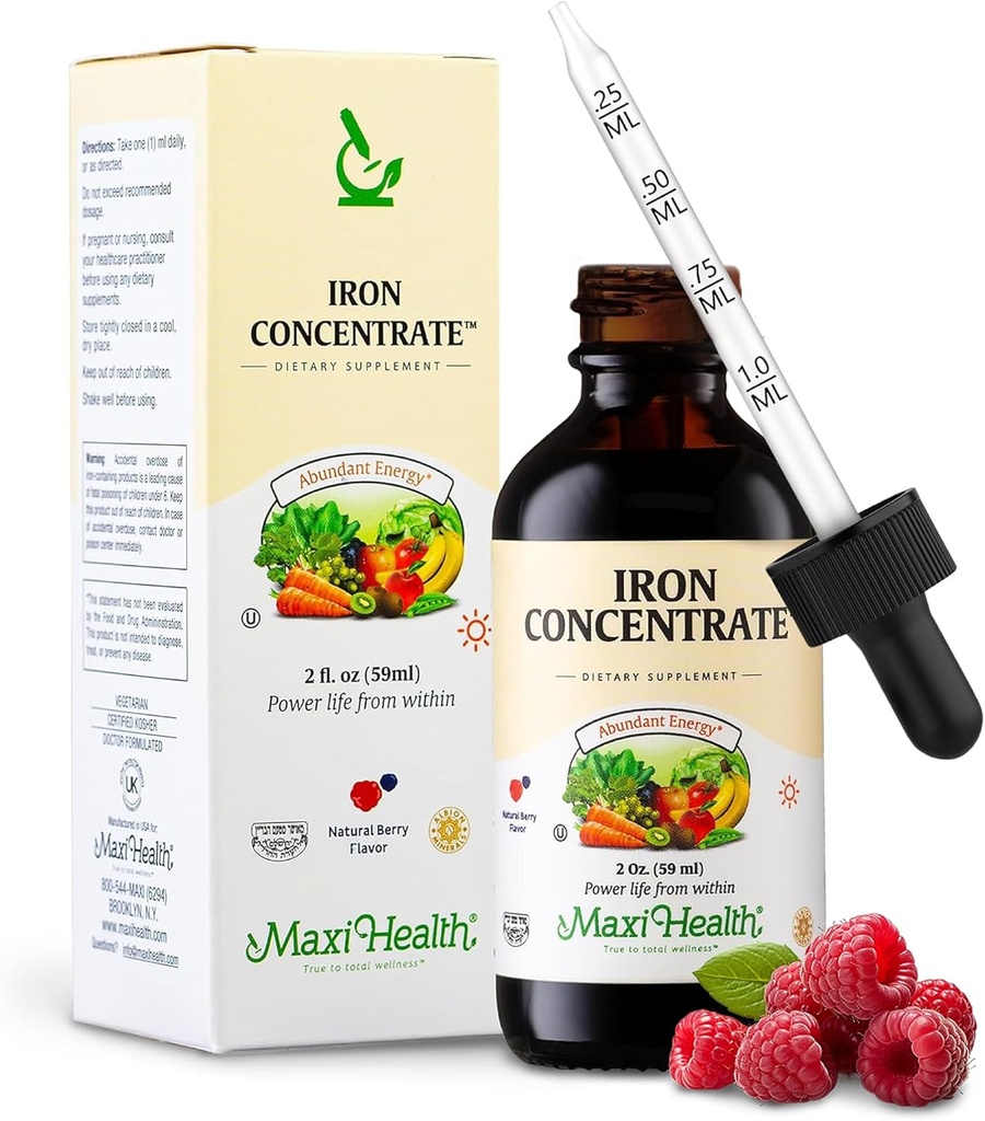 Maxi Health Women, Hombres and Kids Liquid Iron Suplemento - 15 mg Por ML Berry Flavored - High Potency - Fácil de mezclar para la absorción inmediata - Aumentar la energía sin Nausea - 2 fl Ounces
