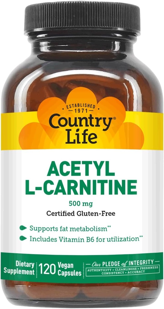 Country Life Acetyl L-Carnitine, 500 mg, con B-6 - 120 Vegan Capsules