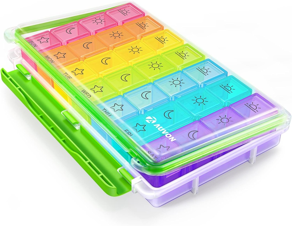 AUVON iMedassist Moisture-Proof Weekly Pill Organizer 4 veces al día, gran caja de 7 días con diseño portátil para viajes, contenedores individuales extraíbles tienen vitaminas, suplementos, medicamentos