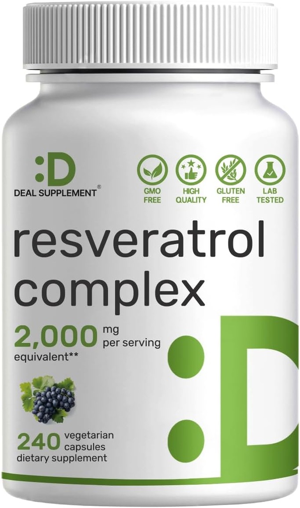 Resveratrol Complex 2,000mg, 240 Veggie Capsules – Extra Strength Trans-Resveratrol with NAD, Quercetin, Curcumin, Grape Seed &amp; More – Healthy Aging Antioxidant for Energy &amp; Brain Support
