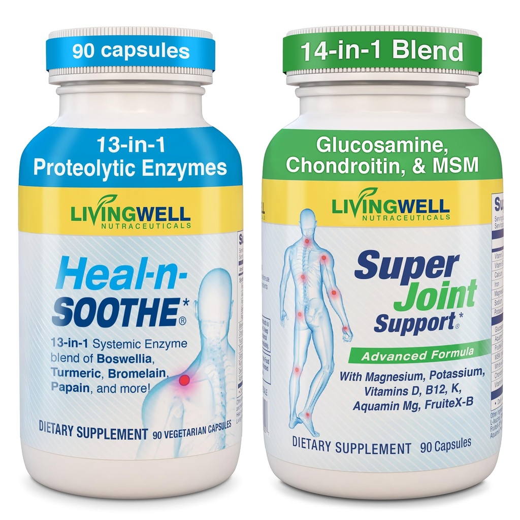 HEAL-N-SOOTHE & Super Joint Support Supplements Bundle- Proteolytic Enzymes (Bromelain & Papain), Glucosamine, MSM, & Turmeric for Strong Joints, Flexibility & Body Wellness – 180 Capsules (2 Pack)
