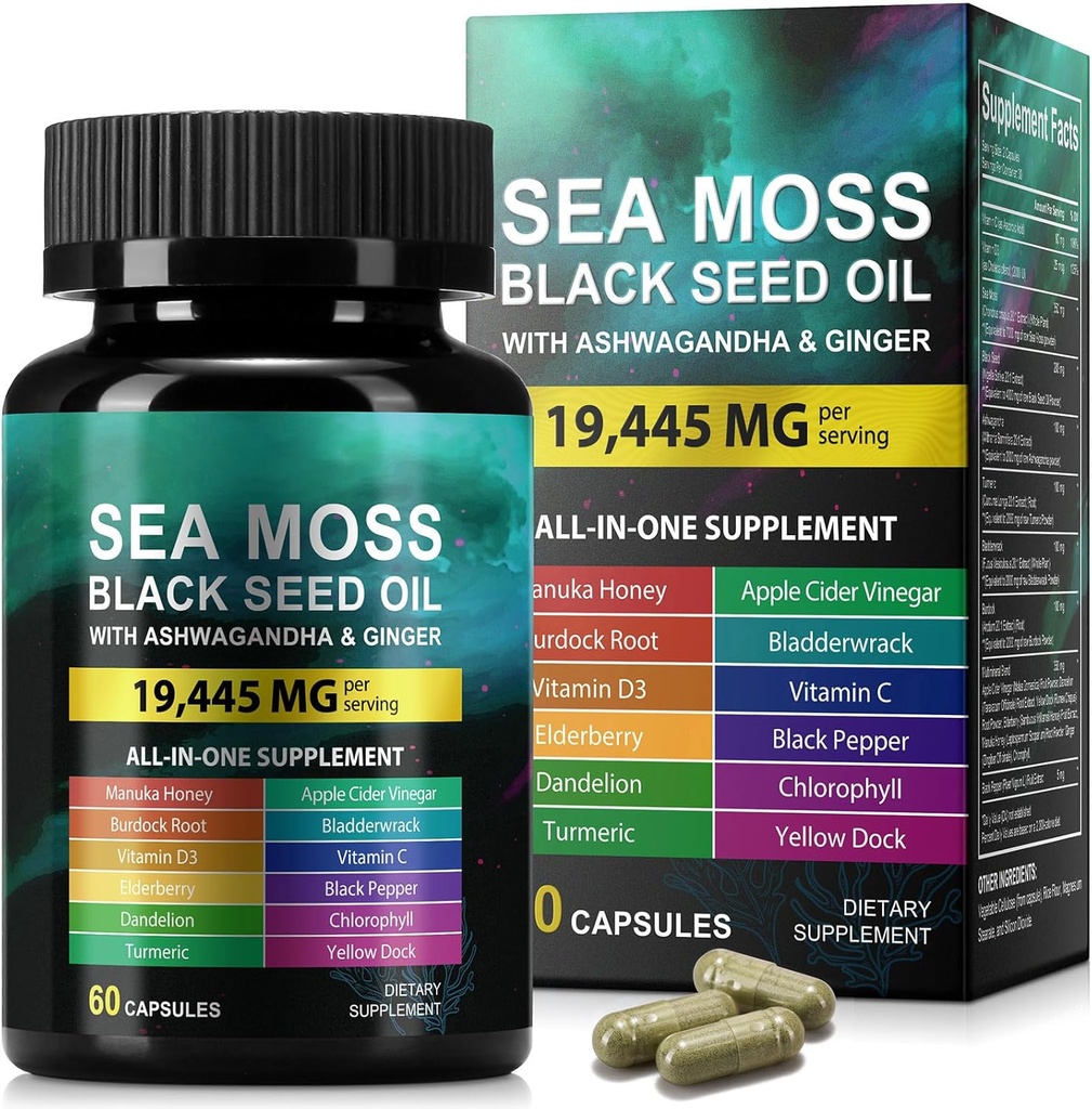 Sea Moss Black Seed Oil Ashwagandha Ginger, Sea Moss Caps Suplemento con Turmeric Burdock Root Bladderwrack Vitamina C Vitamina D3 Inmunity mejorado & Energy Black Seed Oil Capsule 60 Con