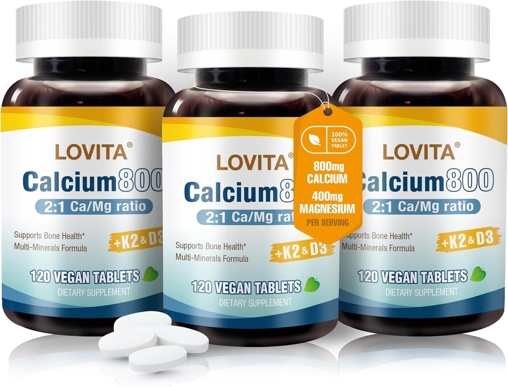 Lovita Calcium Citrate 800 mg with Magnesium, Vitamin D3 & K2, Bone Strength & Density Supplement for Women & Men, Supports Teeth, Immune Health, Gluten Free, Non-GMO, 360 Vegan Tablets