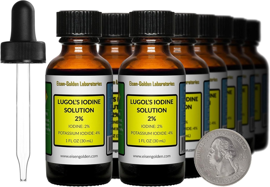 Lugol's Iodine / 2% Solution / 12 Oz in Twelve Amber Glass Bottles/Free Droppers/USA