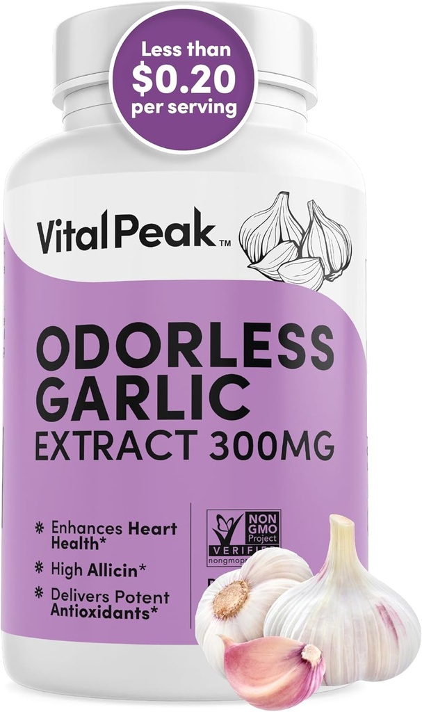 Extracto de ajo sin olor - Allicin-Rich 300 mg Suplementos de ajo herbal para el corazón, el hígado y el apoyo inmunitario I Non-GMO, libre de gluten, Vegan - 90 cápsulas de ajo