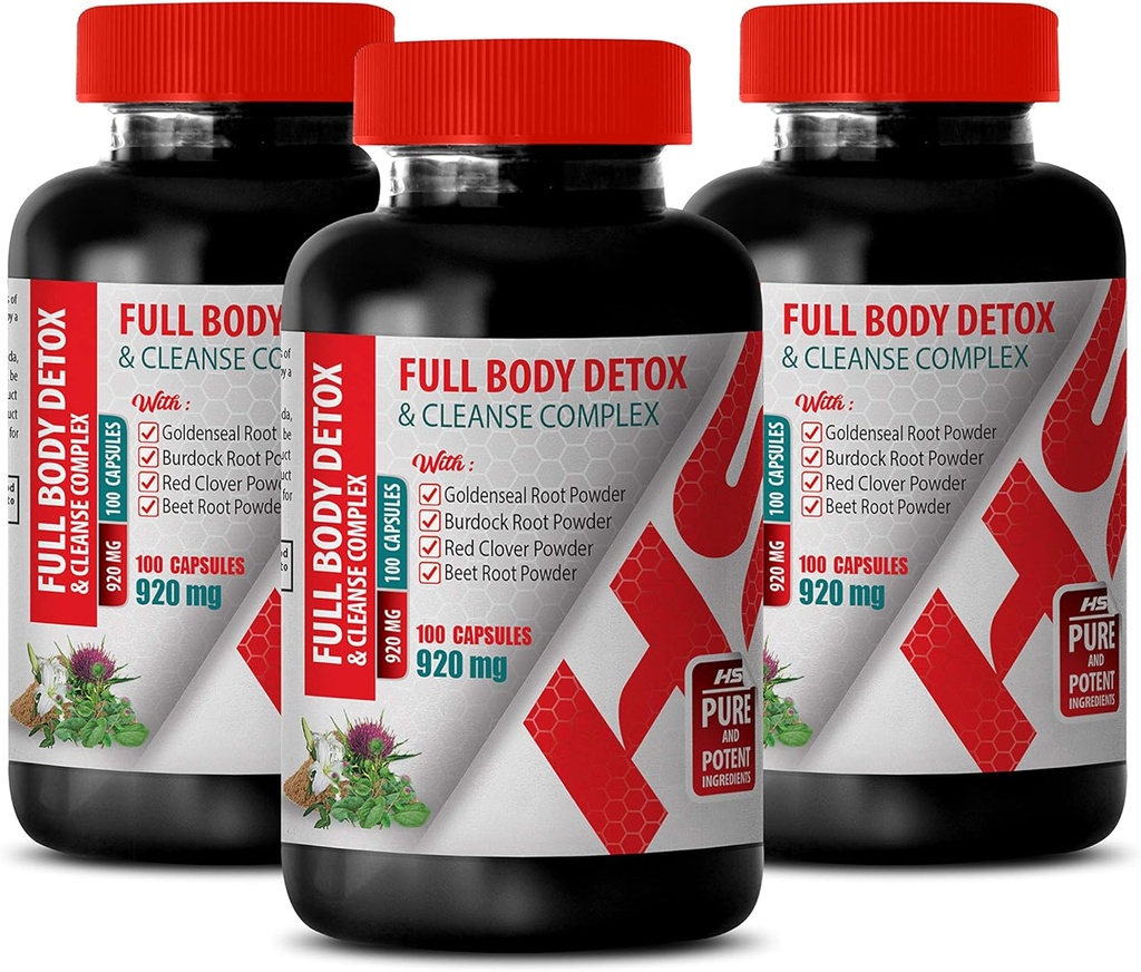 Body Detox Suplemento - Complejo completo desintoxicación corporal 920 MG - rojo Clover Fórmula - 3 botellas 300 cápsulas