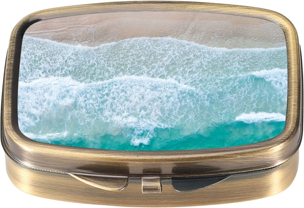 Caja de pill de Dynippy Caja de pill con boquilla de espejo retro Pocket 2 Compartment Medicine Case Vitamin Pill Organizer for Pocket Purse and Travel (A-Sandy Beach)