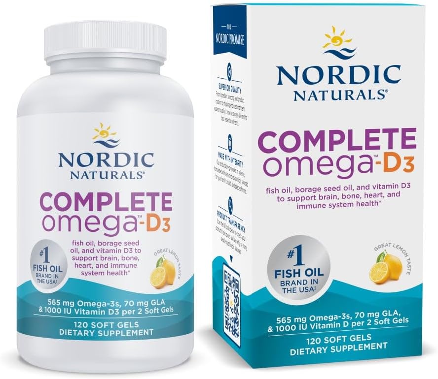 Nordic Naturals Complete Omega-D3, Lemon Flavor - 120 Soft Gels - 565 mg Omega-3 + 70 mg GLA + 1000 IU Vitamin D3 - EPA & DHA - Healthy Skin, Cognition, Positive Mood - Non-GMO - 60 Servings