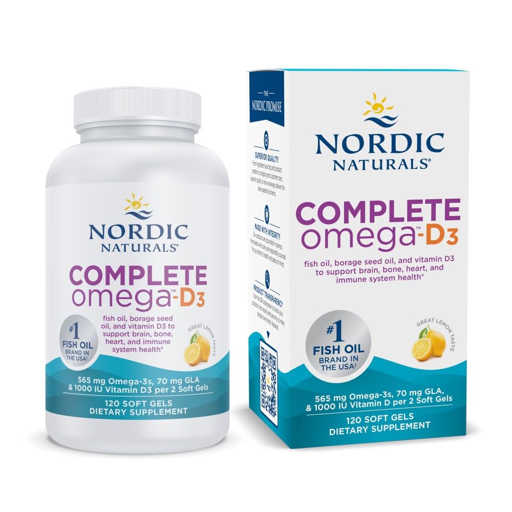 Nordic Naturals Complete Omega-D3, Lemon Flavor - 120 Soft Gels - 565 mg Omega-3 + 70 mg GLA + 1000 UI Vitamina D3 - EPA &amp; DHA - Healthy Skin, Cognition, Positive Mood - Non-GMO - 60 Servimientos