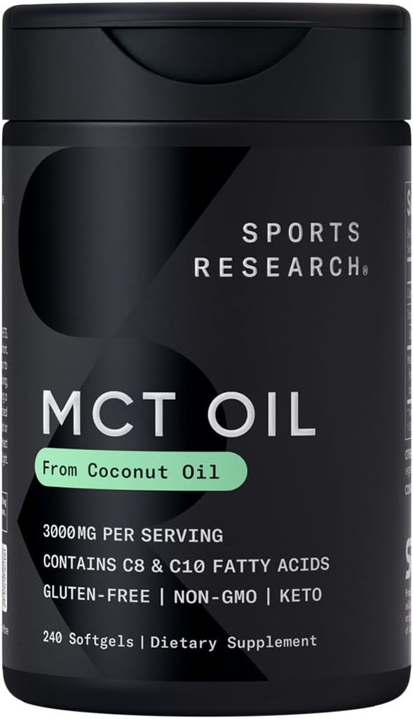 Investigación Deportiva Keto MCT Píldoras de aceite de coco ← Keto Fuel para el cerebro " Cuerpo - no GMO Verificado, Soy " Gluten Free Liquid Softgels (240 Conde)