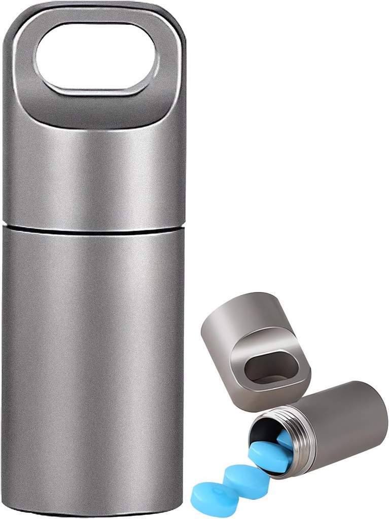 Pequeño Keychain Pill Holder, 304 de acero inoxidable portable caja de píldoras Organizador para viajes, caja de medicina para manguitos impermeables para hombres depurados (Mini Pill Case), plata