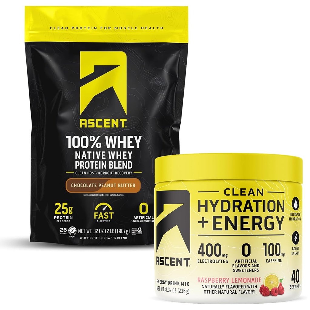 Ascent 100% Whey Protein Powder, Chocolate Peanut Butter 2 lb & Hydration + Energy Electrolytes, Raspberry Lemonade 40 Servings