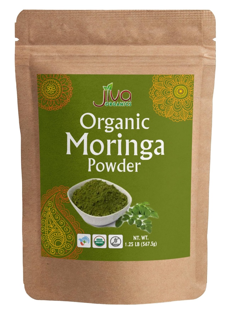 Jiva Organics Moringa Powder 1.25LB Bulk Bag - Moringa Oleifera Leaf Powder - Grande para el cabello, Rico en vitamina inmune, Grandes Superfoods for Moringa Tea, Moringa Drink, India Grown, Vegan
