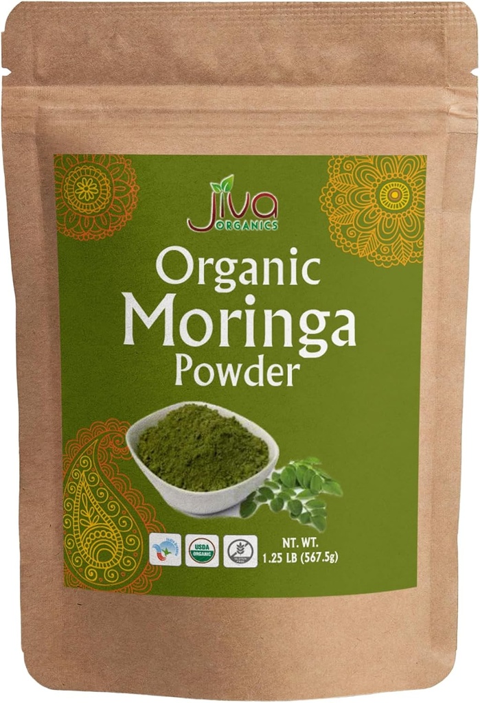 Jiva Organics Moringa Powder 1.25LB Bulk Bag - Moringa Oleifera Leaf Powder - Grande para el cabello, Rico en vitamina inmune, Grandes Superfoods for Moringa Tea, Moringa Drink, India Grown, Vegan